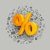 Golden percent sign on icon background.