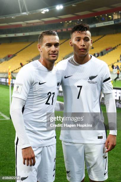 Brothers Jai Ingham and Dane Ingham of New Zealand pose after the 2018 FIFA World Cup Qualifier match between the New Zealand All Whites and Fiji at...