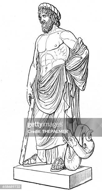 asclepius statue engraving 1895 - snake charming stock illustrations