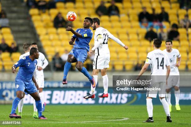 Setareki Hughes of Fiji and Andrew Durante of New Zealand compete for a header during the 2018 FIFA World Cup Qualifier match between the New Zealand...