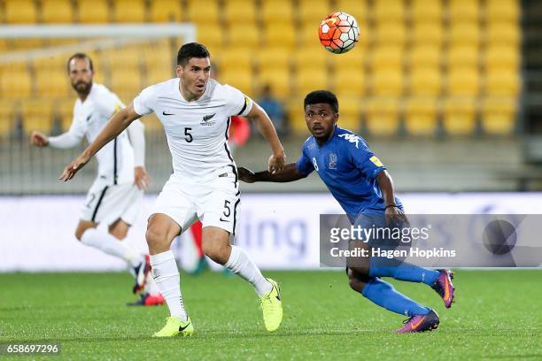 Michael Boxall of New Zealand and Setareki Hughes of Fiji compete for the ball during the 2018 FIFA World Cup Qualifier match between the New Zealand...