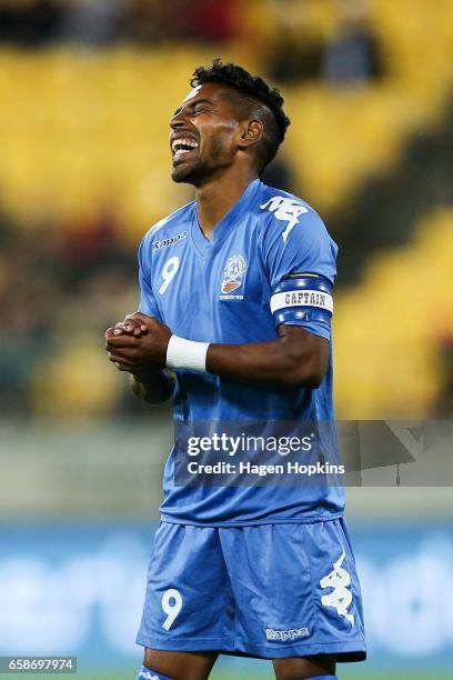 Roy Krishna of Fiji reacts after a missed shot at goal during the 2018 FIFA World Cup Qualifier match between the New Zealand All Whites and Fiji at...