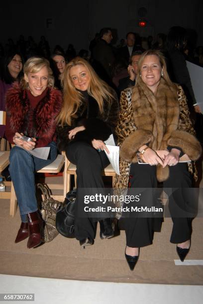 Jackie Astier, Caroline Berthet and Marjorie Gubelmann Raein attend Tuleh Fashion Show at The Promenade on February 8, 2004 in Bryant Park, NY.