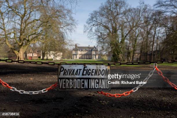 No entry sign at the entrance of the privately-owned de Merode Castle, out of bounds for locals, on 25th March, in Everberg, Brabant, Belgium. De...
