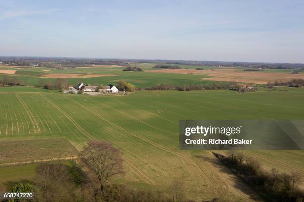 The landscape of fields and farming land including La Haye Sainte farm, the location of the Battle of Waterloo, on 25th March 2017, at Waterloo,...