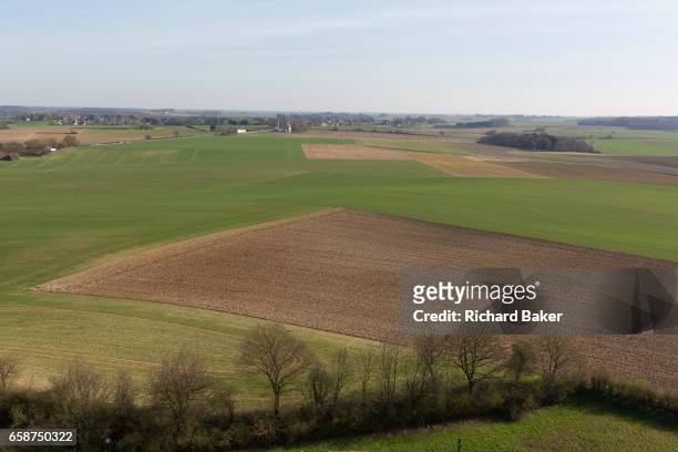 Landscape of fields and farming land looking in the direction of Napoleon's massed French lines during the Battle of Waterloo, on 25th March 2017, at...