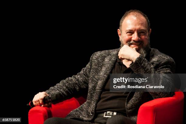 Writer Carlo Lucarelli attends "An Evening with Jo Nesbo" at Teatro Elfo Puccini on March 27, 2017 in Milan, Italy.