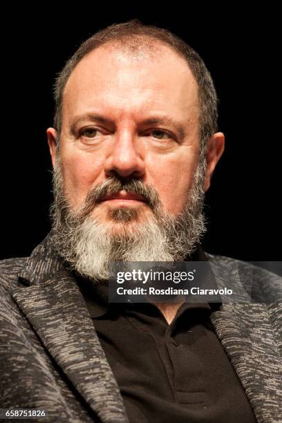 Writer Carlo Lucarelli attends "An Evening with Jo Nesbo" at Teatro Elfo Puccini on March 27, 2017 in Milan, Italy.