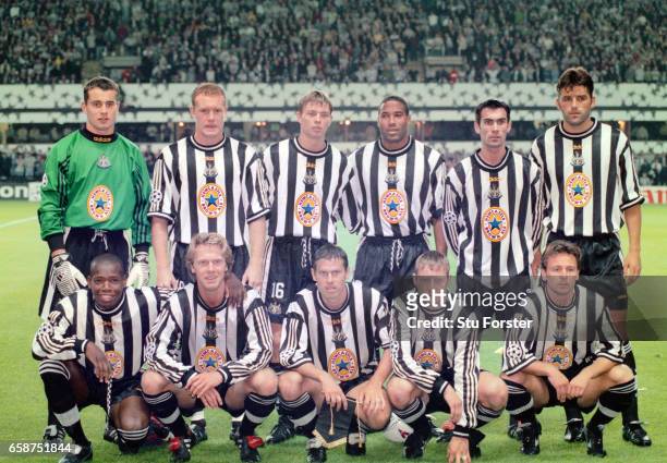 Newcastle United line up before their UEFA Champions League Group C match against FC Barcelona at St James' Park on September 17, 1997 in Newcastle...