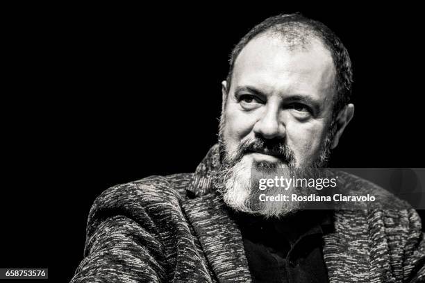 Writer Carlo Lucarelli attends "An Evening with Jo Nesbo" at Teatro Elfo Puccini on March 27, 2017 in Milan, Italy.