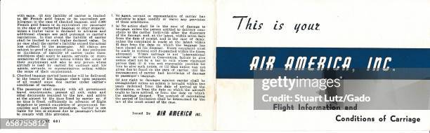 Leaflet from Air America titled "This is Your Air America, Inc. Flight Information and Conditions of Carriage" that outlines policies of the airline...