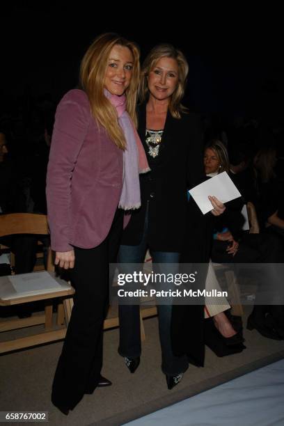 Caroline Berthet and Kathy Hilton attend Badgley Mischka Fashion Show at Promenade on February 9, 2004 in New York City.