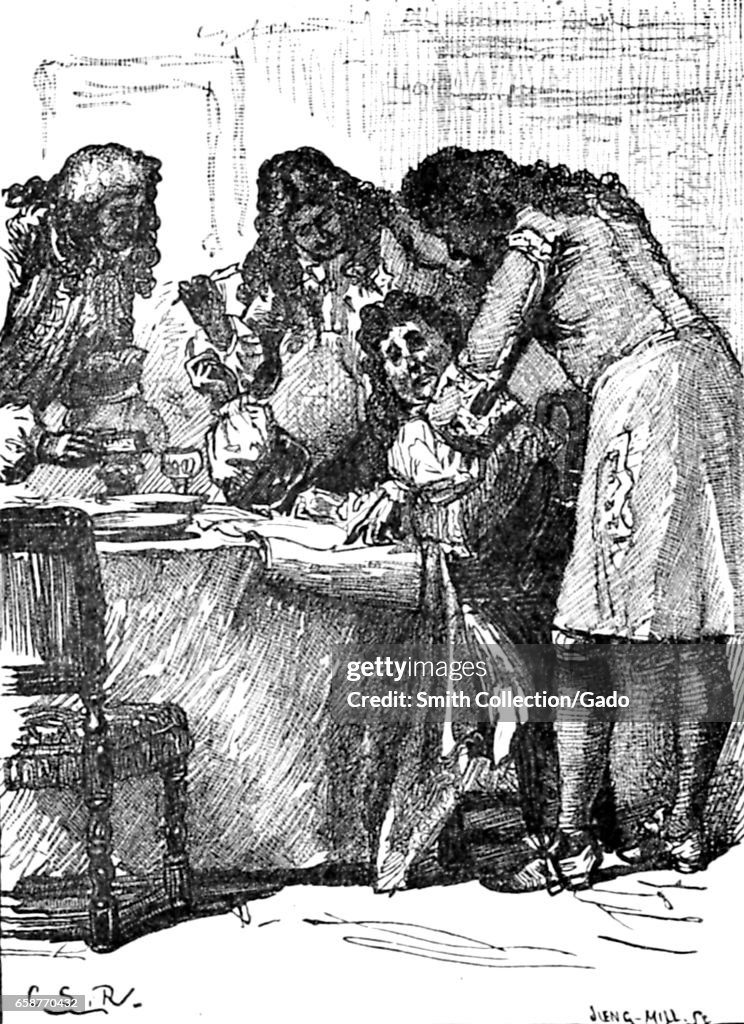 Engraving depicting governor Sloughter signing Jacob Leisler's death ...