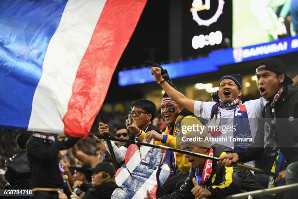 Thailand supporters enjoy the atmosphere prior to the 2018 FIFA World Cup Qualifier match between Japan and Thailand at Saitama Stadium on March 28,...