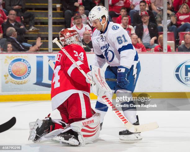 Petr Mrazek of the Detroit Red Wings makes a save as Gabriel Dumont of the Tampa Bay Lightning stops in front during an NHL game at Joe Louis Arena...