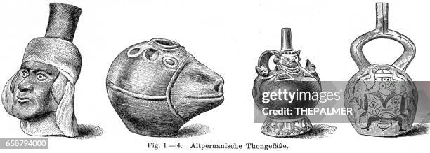 peruvian anceint ceramic engraving 1895 - inca stock illustrations