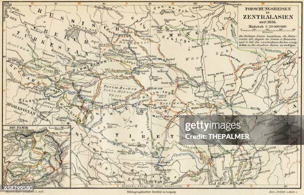 main research trips in central asia 1895 - bhutan stock illustrations