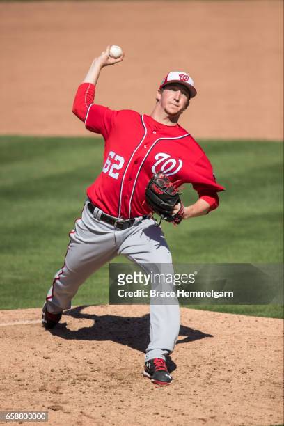 Erick Fedde of the Washington Nationals pitches against the Minnesota Twins on February 26, 2017 at Hammond Stadium in Fort Myers, Florida.