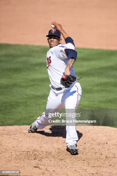 Fernando Romero of the Minnesota Twins pitches against the Washington Nationals on February 26, 2017 at Hammond Stadium in Fort Myers, Florida.