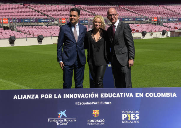 Xavier Bertolin, Shakira and Jordi Cardoner attend a press presentation for the charity 'Barranquilla School Project' at Camp Nou on March 28, 2017...