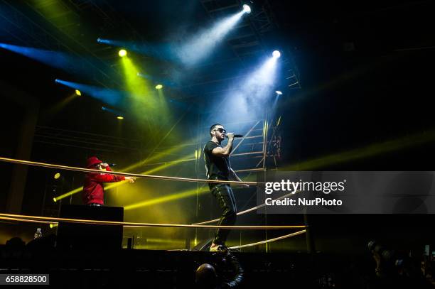 Italian rapper Emis Killa performs live his 'Terza Stagione Tour 2017' at Atlantico Music Club on March 27, 2017 in Rome, Italy