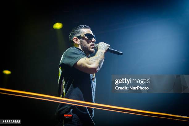 Italian rapper Emis Killa performs live his 'Terza Stagione Tour 2017' at Atlantico Music Club on March 27, 2017 in Rome, Italy