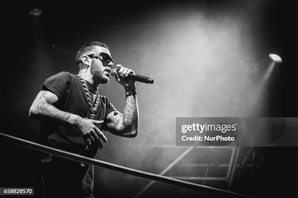 Italian rapper Emis Killa performs live his 'Terza Stagione Tour 2017' at Atlantico Music Club on March 27, 2017 in Rome, Italy