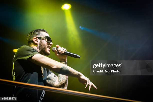 Italian rapper Emis Killa performs live his 'Terza Stagione Tour 2017' at Atlantico Music Club on March 27, 2017 in Rome, Italy