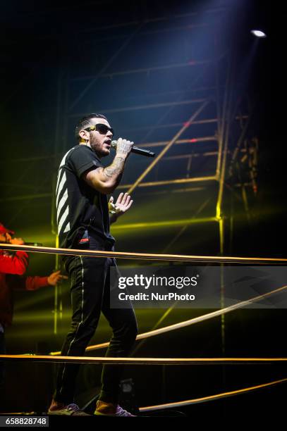 Italian rapper Emis Killa performs live his 'Terza Stagione Tour 2017' at Atlantico Music Club on March 27, 2017 in Rome, Italy