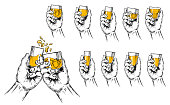 Vector illustration of two hands raised stemware and a set of stemware of different shapes
