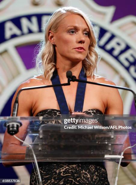 Erin Phillips of the Crows addresses the gathering after being announced as the inaugural AFLW Best and Fairest Winner during the The W Awards at the...