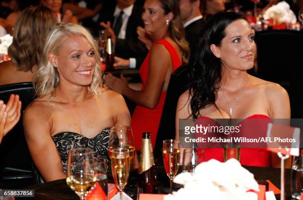 Erin Phillips of the Crows and wife Tracy Gahan look on after Phillips was announced as the inaugural AFLW Best and Fairest winner during the The W...