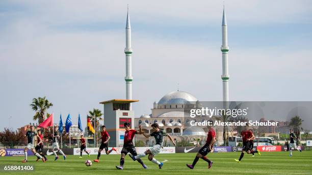 Elias Abouchabaka of Germany in action during the UEFA U17 elite round match between Germany and Turkey on March 28, 2017 in Manavgat, Turkey.