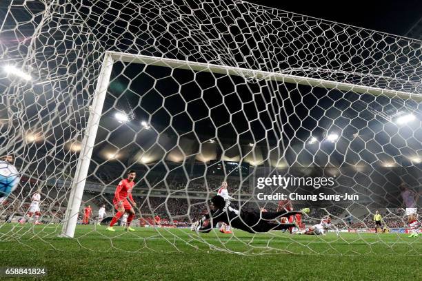 Hong Jeong-Ho of South Korea scores a goal during the FIFA World Cup Qualification AFC Final Group Stage match between South Korea and Syria at Seoul...