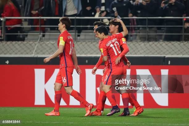 Hong Jeong-Ho of South Korea scores a goal during the FIFA World Cup Qualification AFC Final Group Stage match between South Korea and Syria at Seoul...
