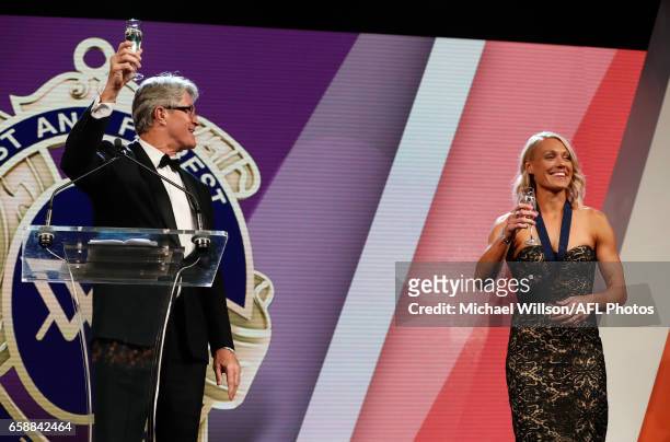 Mike Fitzpatrick proposes a toast for Erin Phillips of the Crows after she was announced as the inaugural AFLW Best and Fairest Winner during the The...