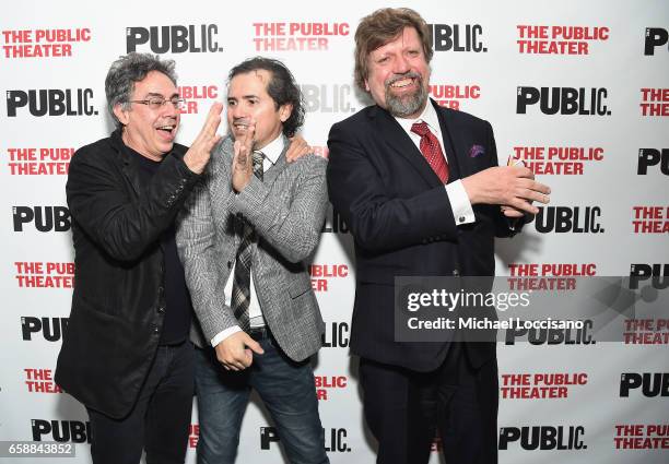 Director Tony Taccone, actor John Leguizamo and Artistic Director of The Public Theater Oskar Eustis attend the "Latin History For Morons" opening...