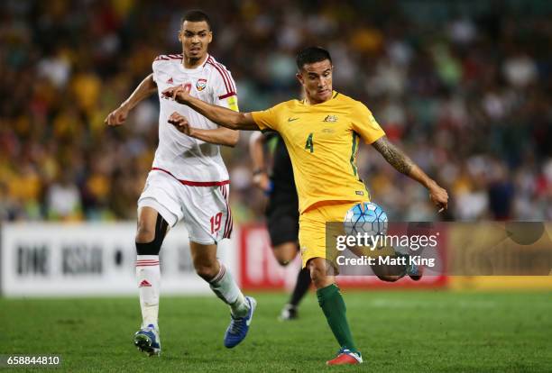 Tim Cahill of the Socceroos takes a shot on goal during the 2018 FIFA World Cup Qualifier match between the Australian Socceroos and United Arab...