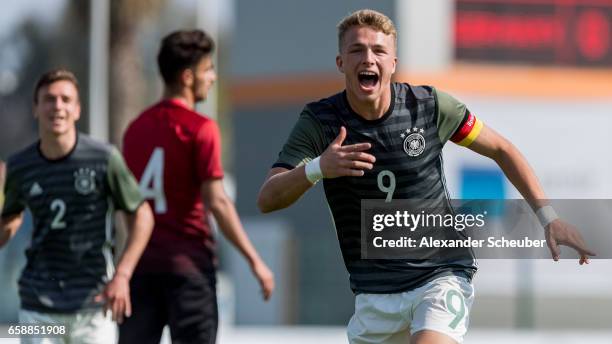 Jann-Fiete Arp of Germany celebrates the first goal for his team during the UEFA U17 elite round match between Germany and Turkey on March 28, 2017...