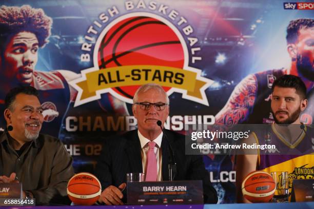 Vince Macaulay ; Barry Hearn and Zak Welles are pictured during an announcement by Barry Hearn and Matchroom Sport on March 28, 2017 at the O2 in...