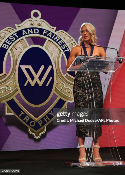 Erin Phillips of the Crows addresses the gathering after being announced as the inaugural AFLW Best and Fairest Winner during the The W Awards at the...