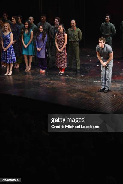 Actor Alistair Brammer takes part in the curtain call on the opening night of "Miss Saigon" Broadway at the Broadway Theatre on March 23, 2017 in New...