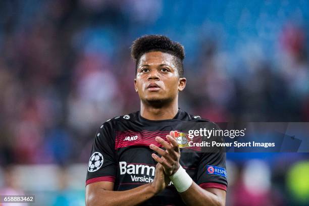 Leon Bailey of Bayer 04 Leverkusen celebrates during their 2016-17 UEFA Champions League Round of 16 second leg match between Atletico de Madrid and...