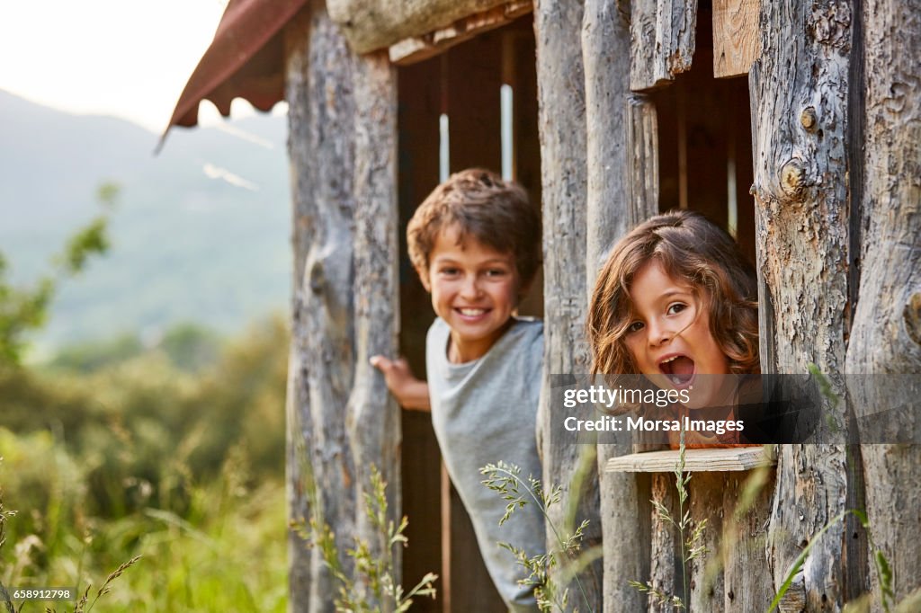 Portrait of happy siblings playing in log cabin