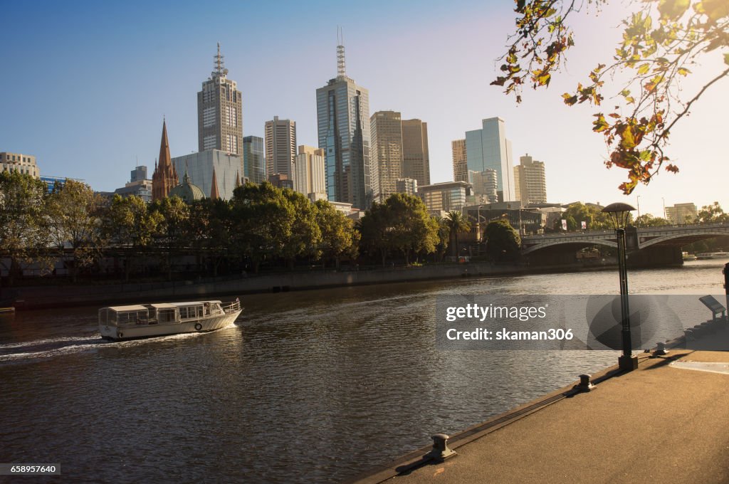 Landscape of melbourne with yarra river in the night time from south bank area