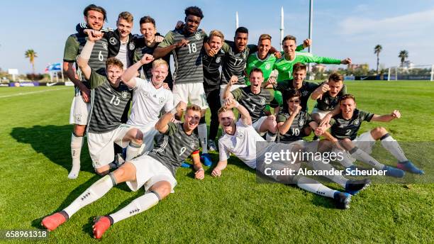 Team Germany celebrates the victory against Turkey during the UEFA U17 elite round match between Germany and Turkey on March 28, 2017 in Manavgat,...