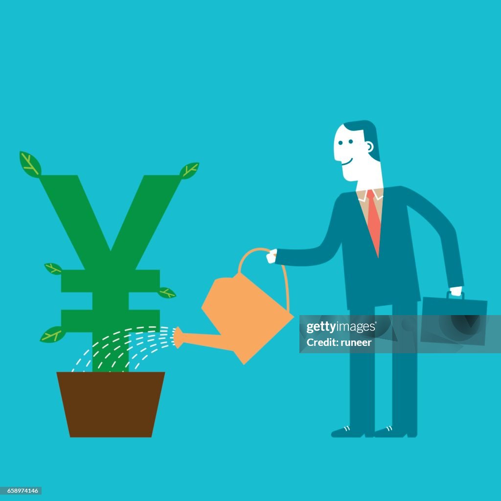 Investor Businessman watering Yen/Yuan Plant | New Business Concept