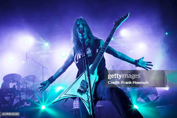 Singer Alexi Laiho of the Finnish band Children of Bodom performs live during a concert at the Astra on March 27, 2017 in Berlin, Germany.