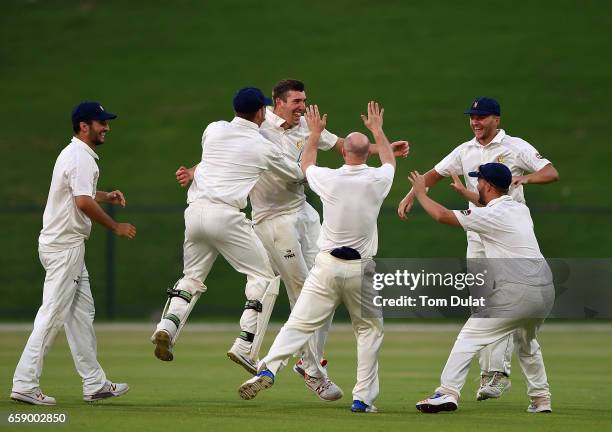 Craig Overton of MCC celebrates taking the wicket of James Harris of Middlesex during day three of the Champion County match between Marylebone...