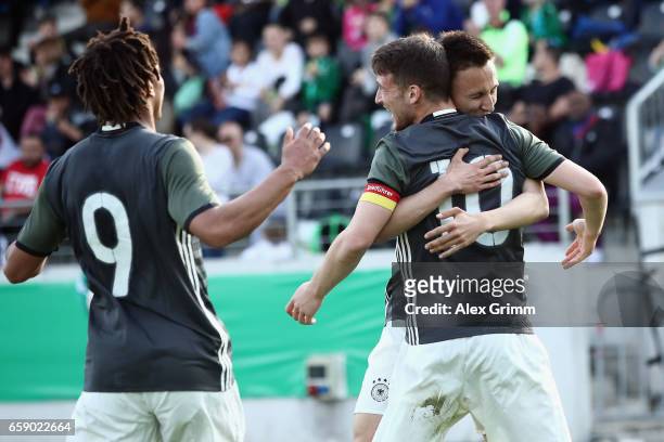 Salih Oezcan of Germany celebrates his team's second goal during the UEFA Elite Round match between Germany U19 and Slovakia U19 at Frankfurter...
